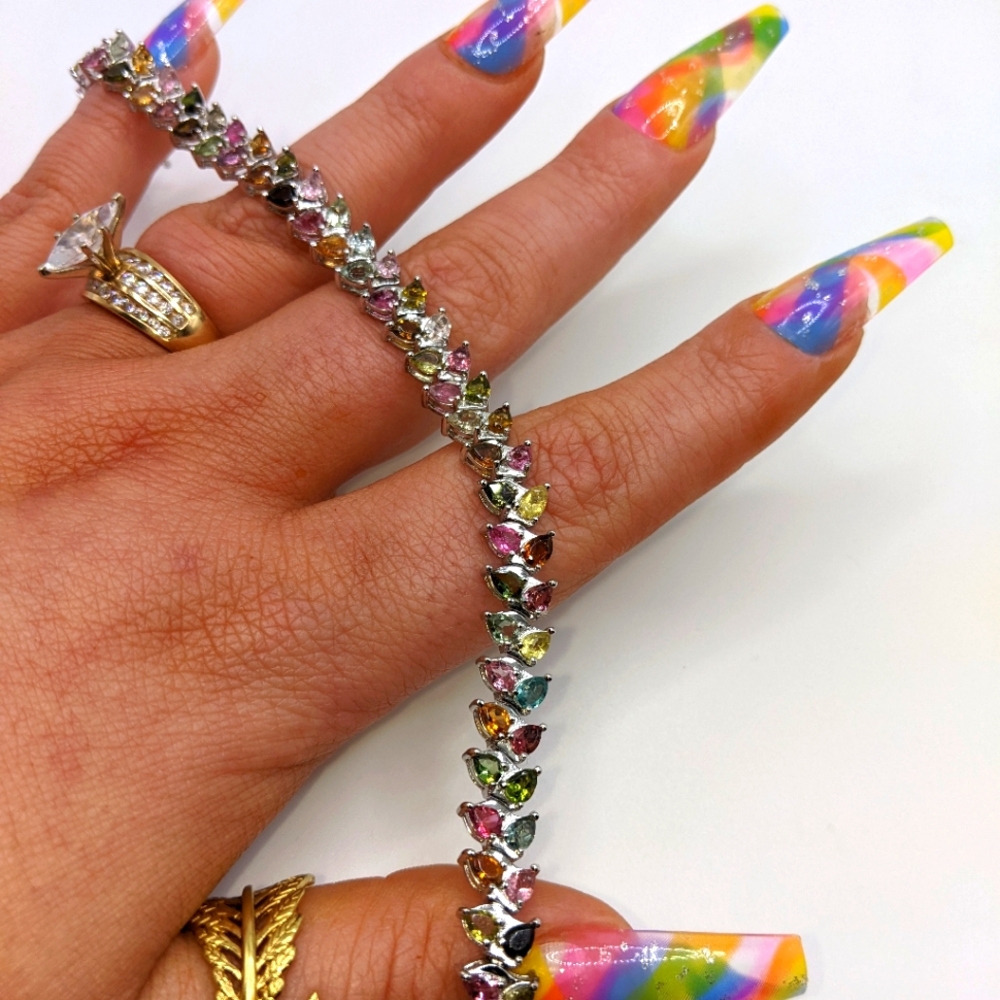 Multi-colored Tourmaline Gemstone Tennis Bracelet Sterling Silver